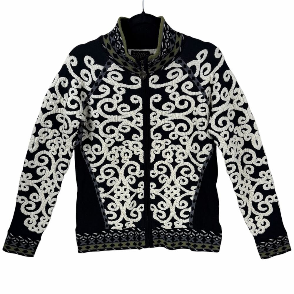 Icelandic Design Wool Sweater Cardigan Womens Medium Full Zip Scroll Nordic